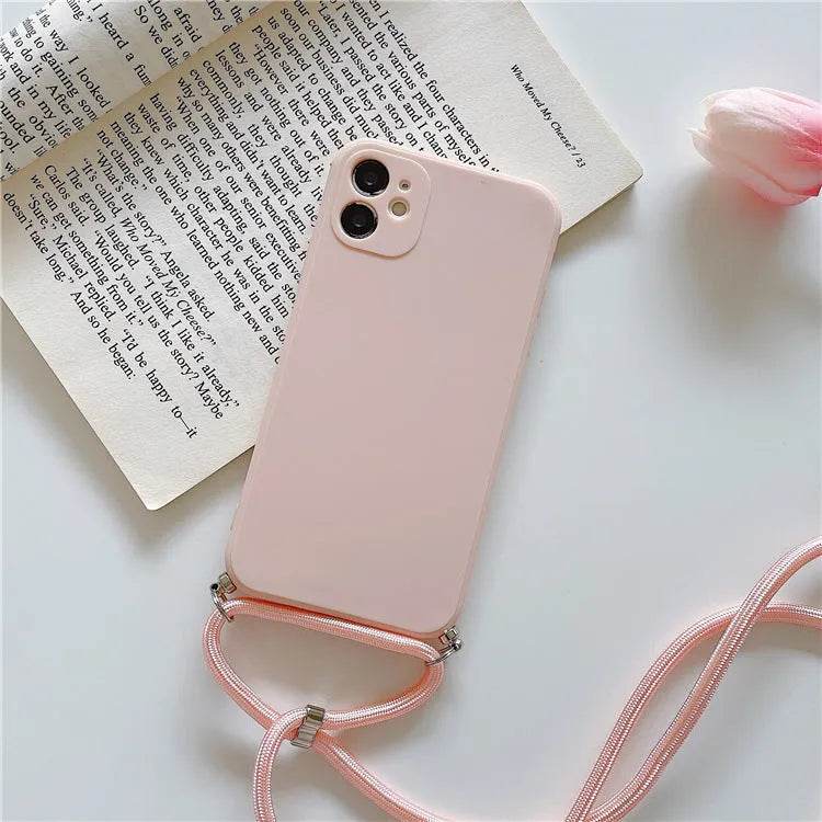 Solid Color Diagonal Lanyard Phone Case Silicone Couple Phone Case