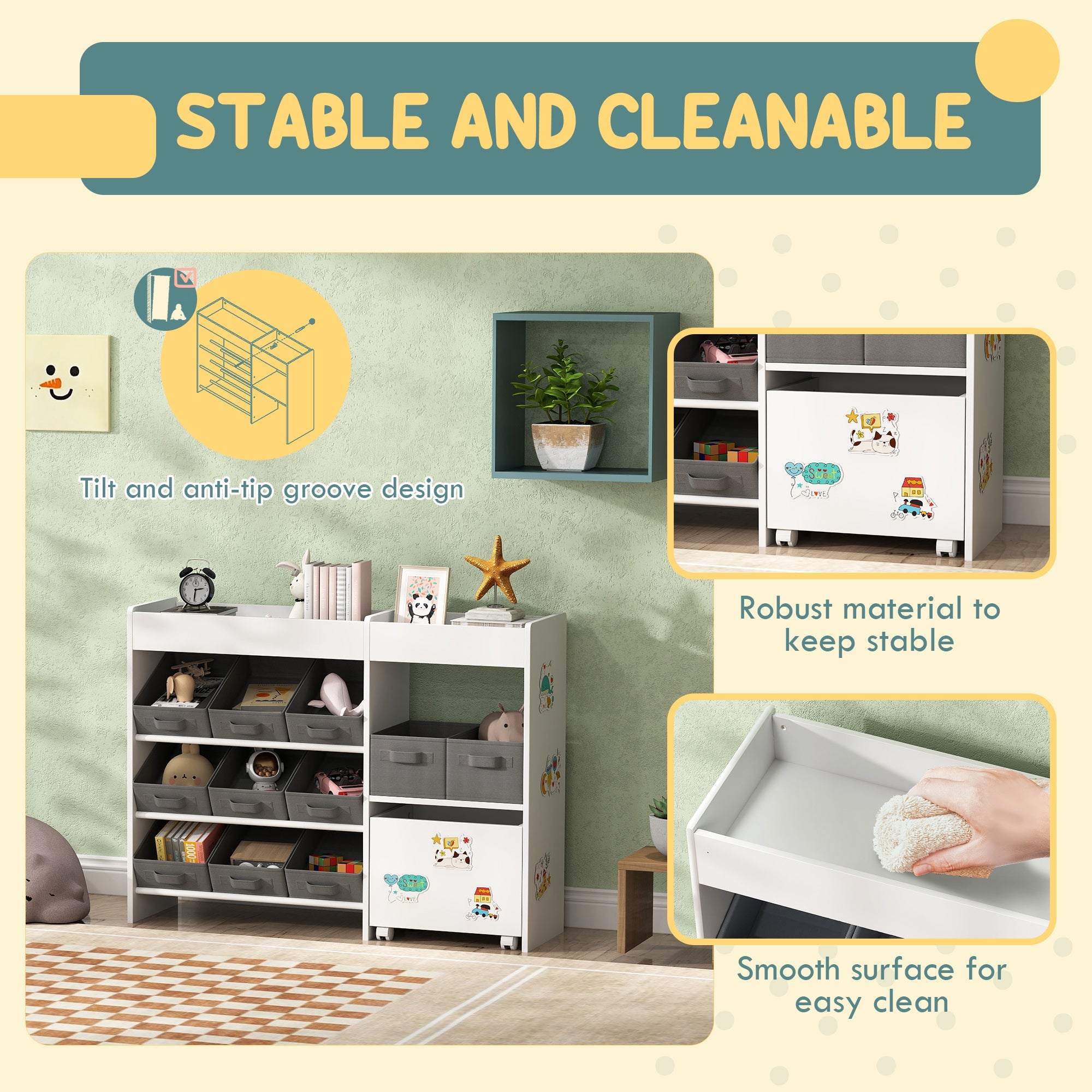Qaba Kids Storage Unit, 11 Fabric Bins, MDF Cabinet, Top Shelves, 3 Stickers, ASTM Certified, Ages 3-8, White