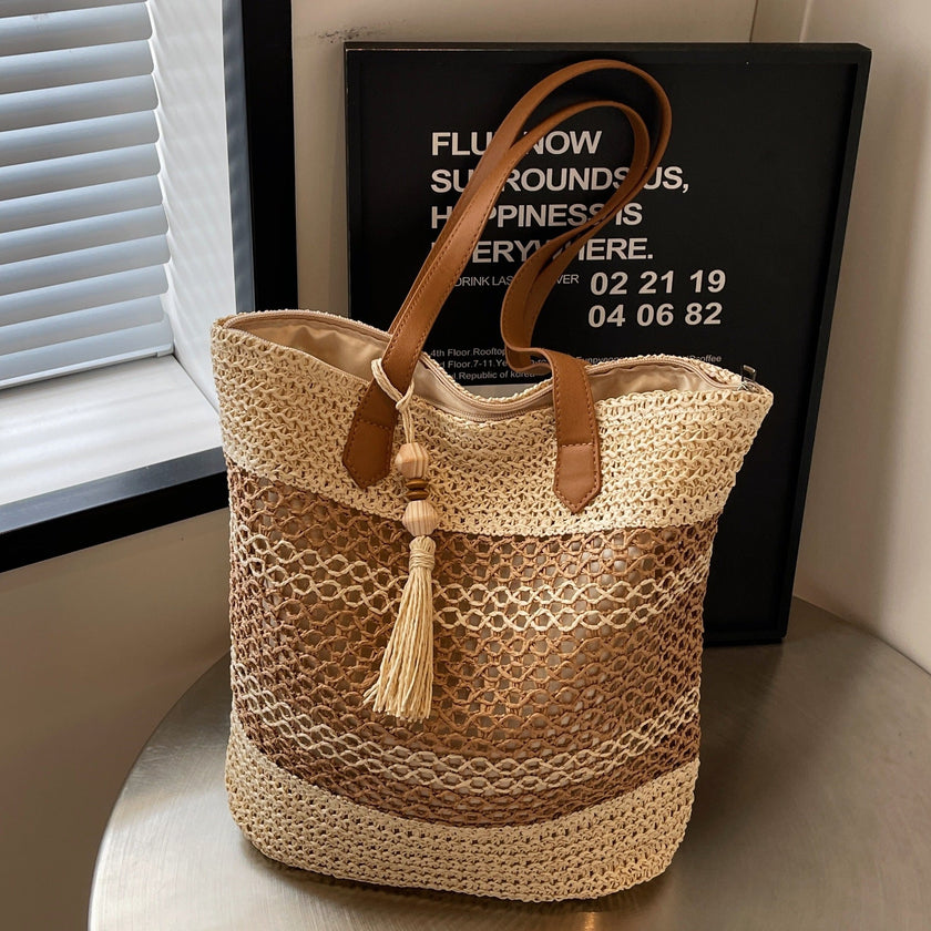 Striped Straw Beach Tote Bag with Tassel – Large Capacity Boho Shoulder Bag | Beige & Brown