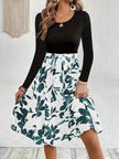 Floral Print Long Sleeve Skirt - Round Neck Flared Dress