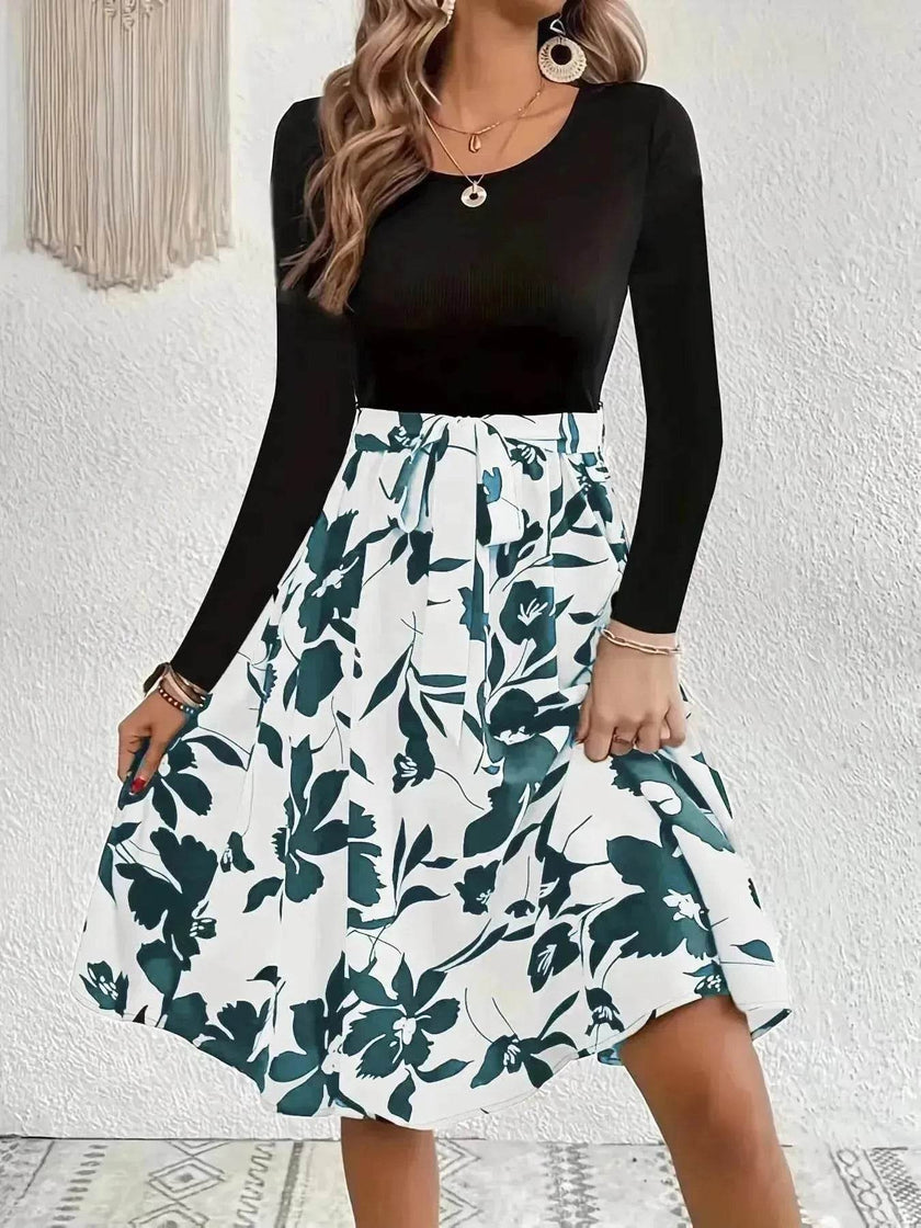 Floral Print Long Sleeve Skirt - Round Neck Flared Dress