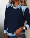 Denim Collar Long Sleeve Patchwork Knit Pullover Top – 16 Colours, S–XXXL