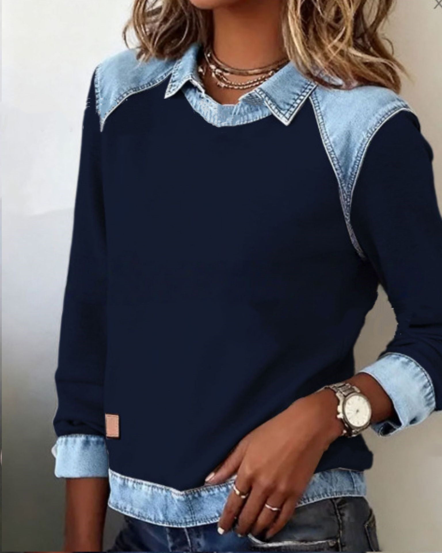 Denim Collar Long Sleeve Patchwork Knit Pullover Top – 16 Colours, S–XXXL