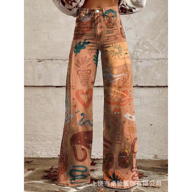 Graphic Printed Bell Bottom Pants for Women – 3D Print Flare Denim Trousers