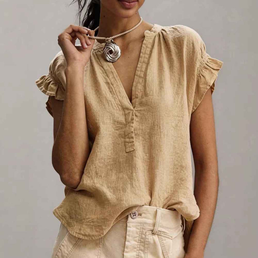 Women's Casual V-Neck Cotton-Linen Blouse Top Summer Ruffle Short-Sleeve Solid Color Office Daily Wear Shirts