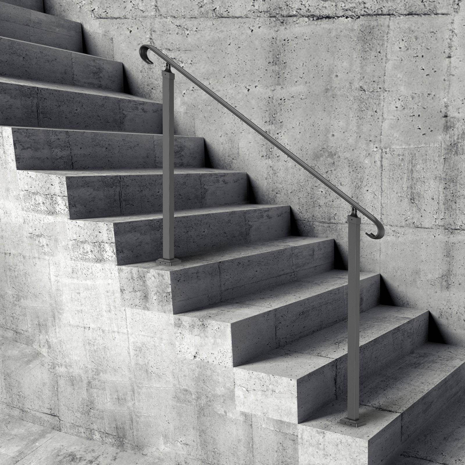 Handrails For Outdoor Steps, Fit 3-5 Steps Outdoor Stair Railing, Wrought Iron Handrail, Flexible Front Porch Hand Rail, Black Transitional Hand Railings For Concrete Steps Or Wooden Stairs