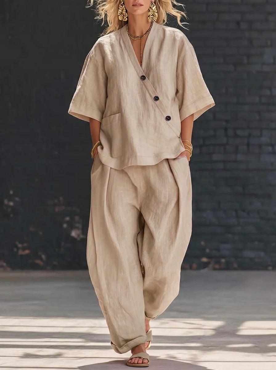 Women's Cotton Linen 2 Piece Outfit V-Neck Top & High-Waist Trousers