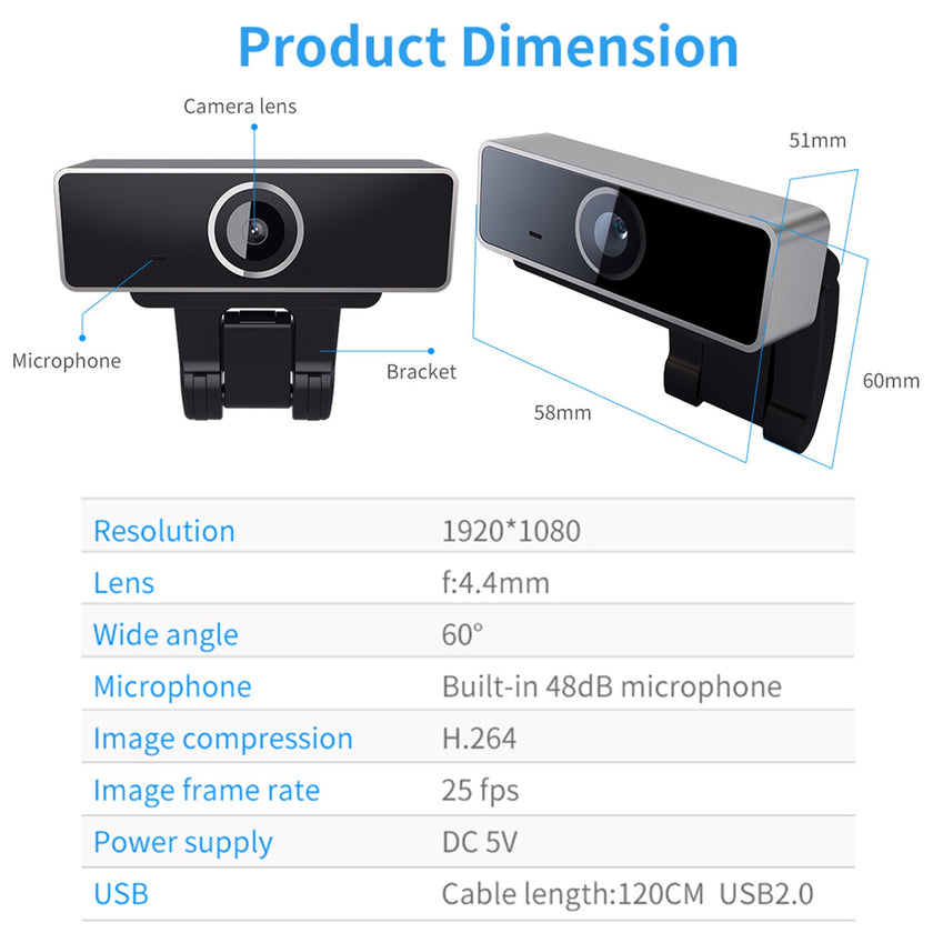 1080P USB Webcam with Autofocus, 60° Wide Angle and Built-In Microphone