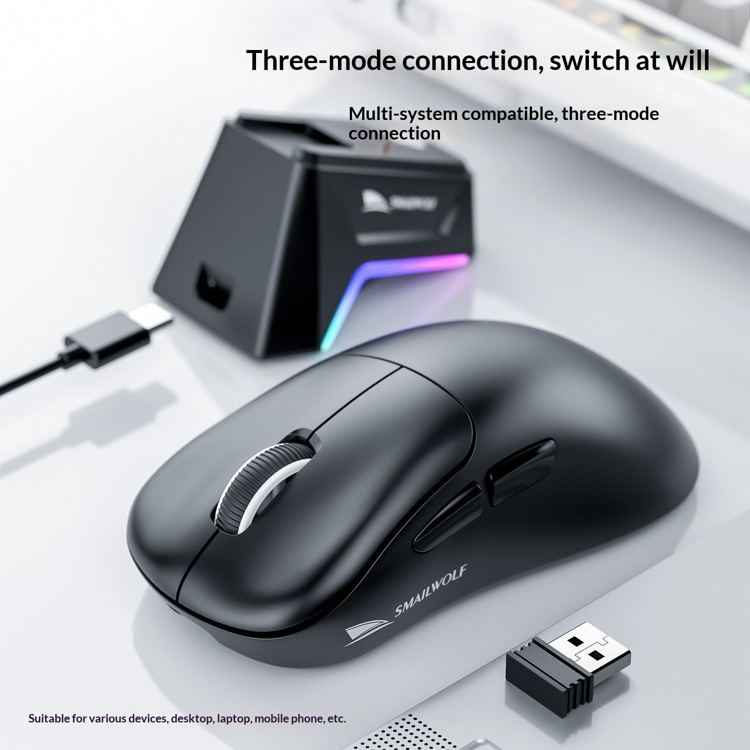 Smailwolf M5 Tri-Mode Wireless Mouse with Charging Dock – 2.4G, Bluetooth & Wired | Black, White, Rose Red