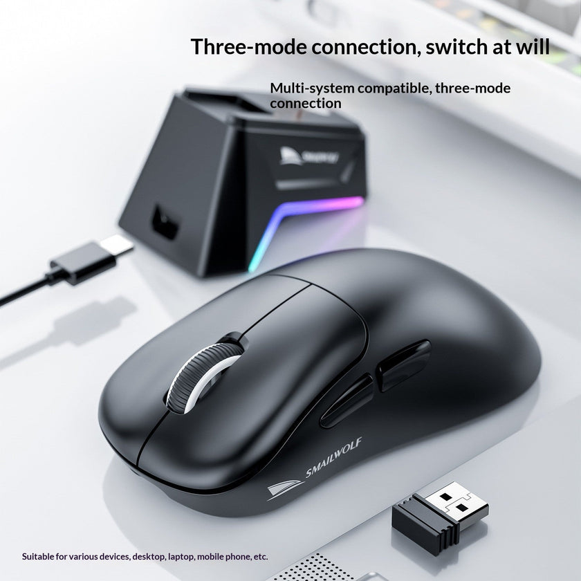 Smailwolf M5 Tri-Mode Wireless Mouse with Charging Dock – 2.4G, Bluetooth & Wired | Black, White, Rose Red