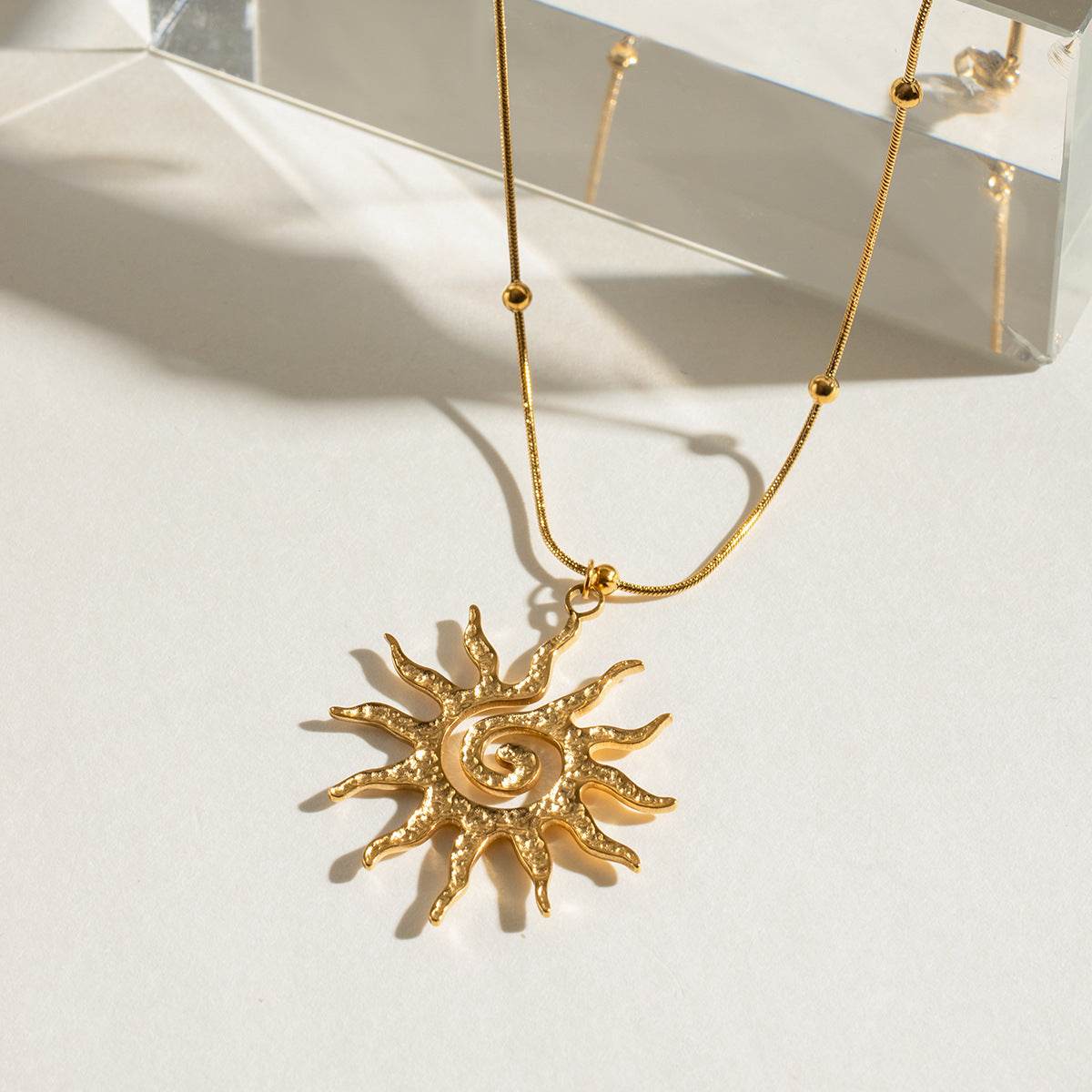 Stainless Steel Necklace - Hammered Spiral Sun Pendant Necklace