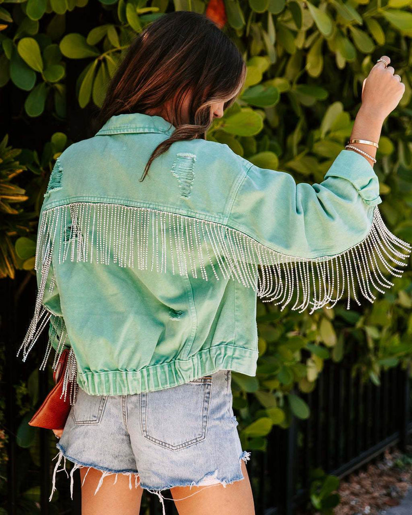 Denim Jacket Women – Light Green Cotton Long Sleeve Jacket