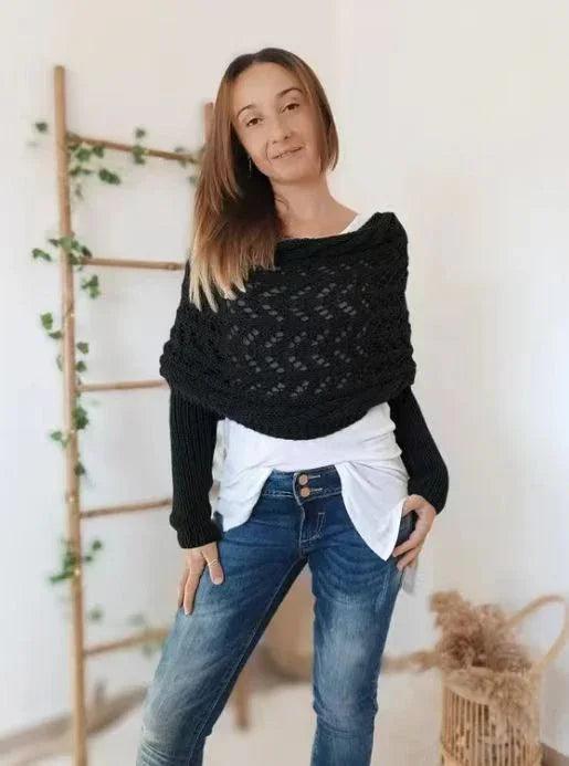 Autumn And Winter Warm Knitted Shawl top Women's Hollowed-out Double Sleeve
