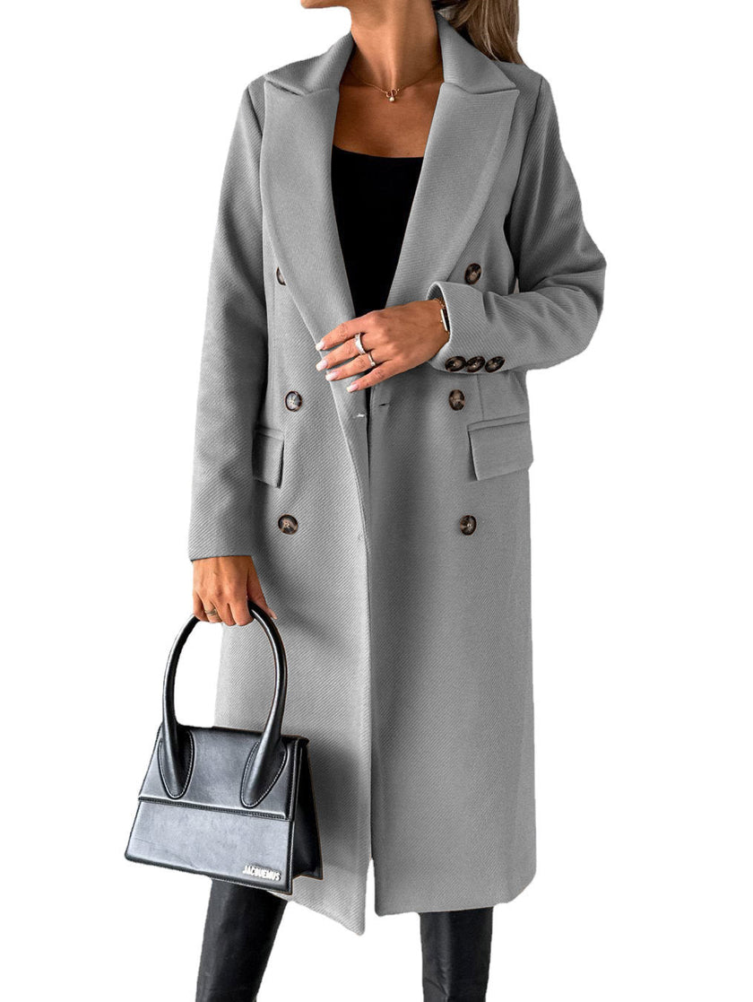 Double Breasted Lapel Coat Winter Fashion Solid Slim Long Jacket Long Sleeve Tops Womens Clothing