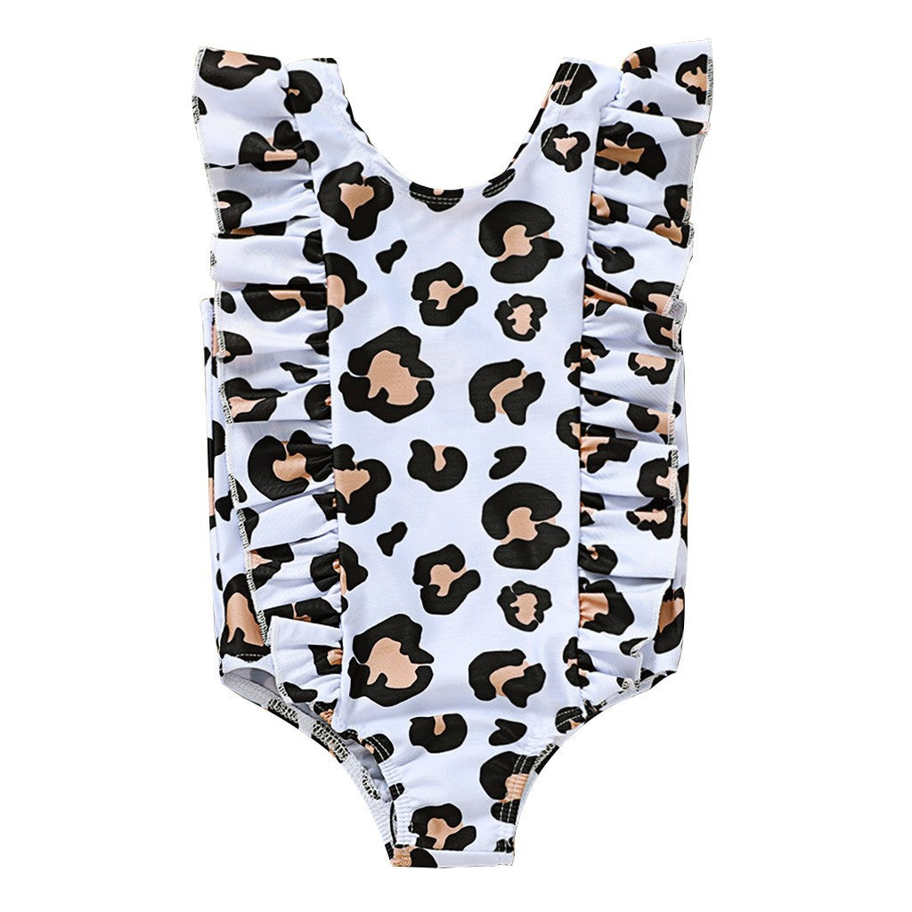 Girls Leopard Print One-Piece Swimsuit – Sleeveless Nylon Swimwear for Kids (80–120cm)