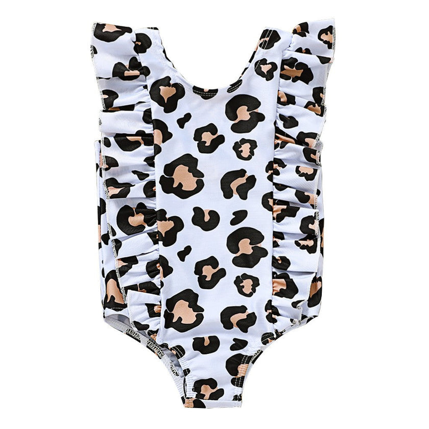 Girls Leopard Print One-Piece Swimsuit – Sleeveless Nylon Swimwear for Kids (80–120cm)