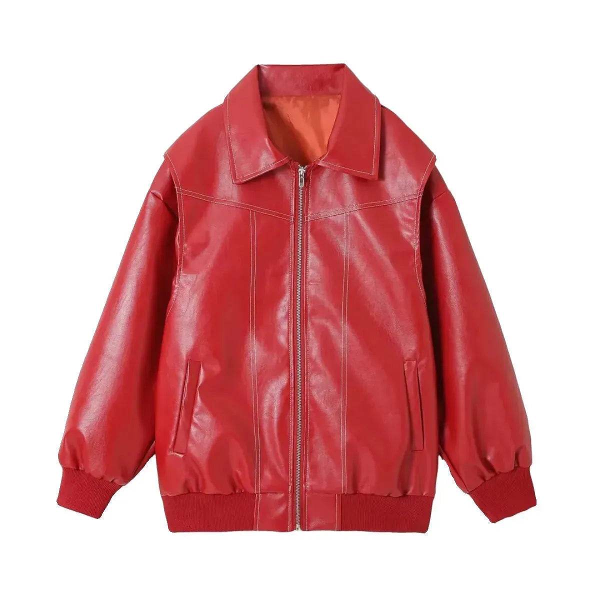 Oversized Fashion Zip-up Lapel Leather Jacket for women