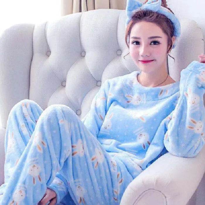 Women Coral Velvet Fleece Pajamas Fall Winter Loungewear Flannel  Sleepwear