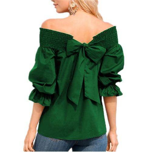 Spring Summer Women Off Shoulder Strapless Blouse top Bowknot Slash Neck Casual Loose Plus Size top