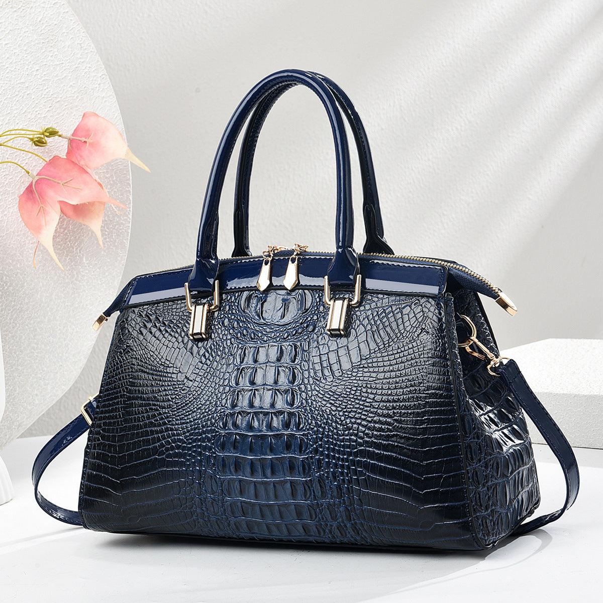 Women's Large-Capacity Patent Leather Commuter Handbag with Crocodile Pattern