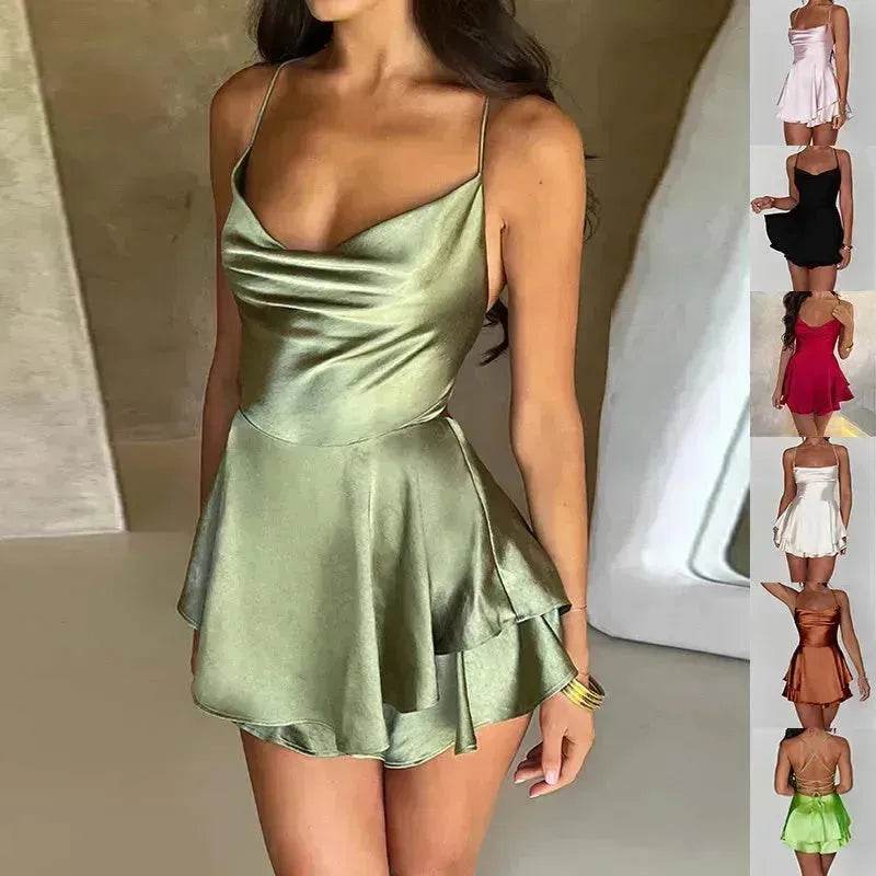 Elegant Chic Skirt Dress For Women Elegant Slim Strap Satin Backless Lace Up Ladies Party Mini Skater Dress