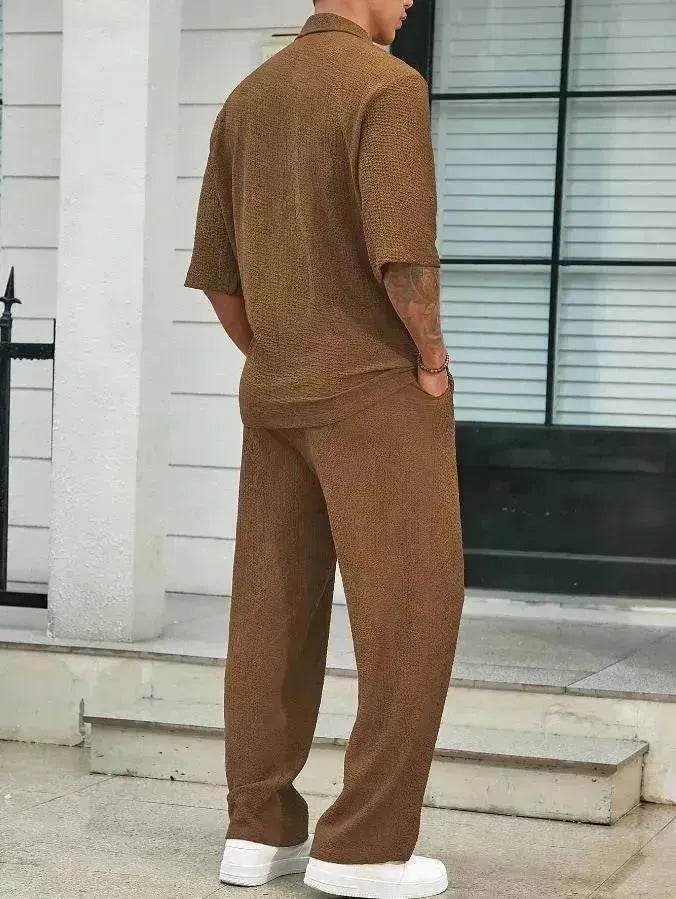 Men's Casual summer 2 piece Pant sets Short sleeved Top and Straight leg pant