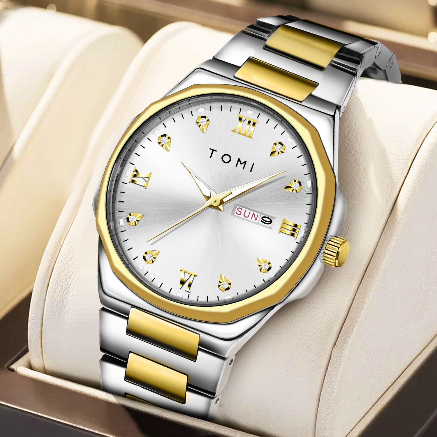 TOMI Diamond Encrusted Quartz Watch for Men – Stainless Steel Dress Watch