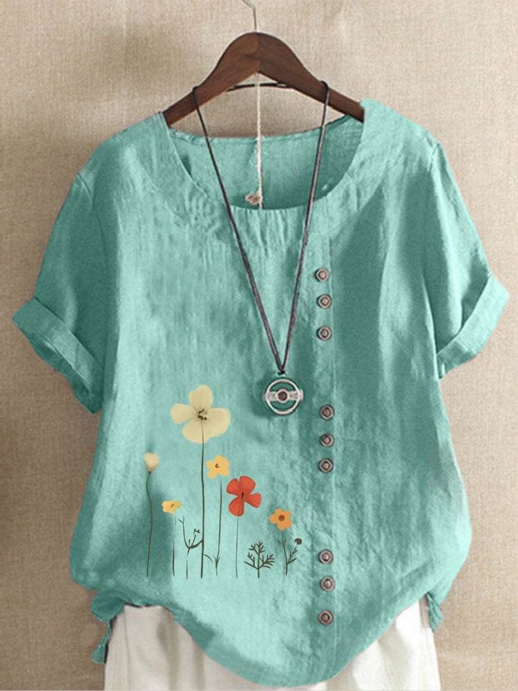 Women's Casual Printed Cotton Linen Short Sleeve Blouse Top