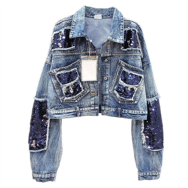 Heavy Industry Sequins Short Doll Sleeve Denim Jacket Women