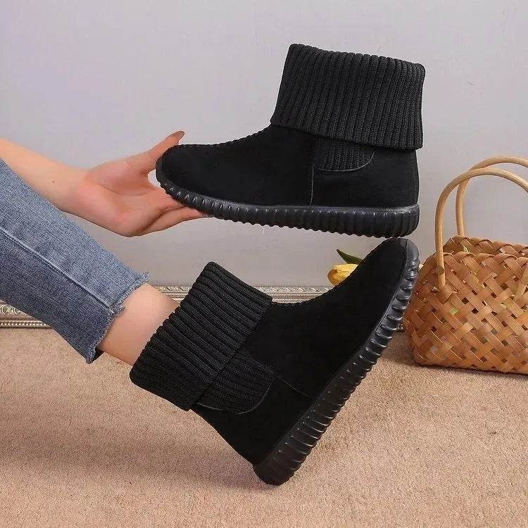 Women's Reversible Knit Flat Ankle Snow Boots | Suede Winter Boots