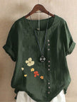 Women's Casual Printed Cotton Linen Short Sleeve Blouse Top