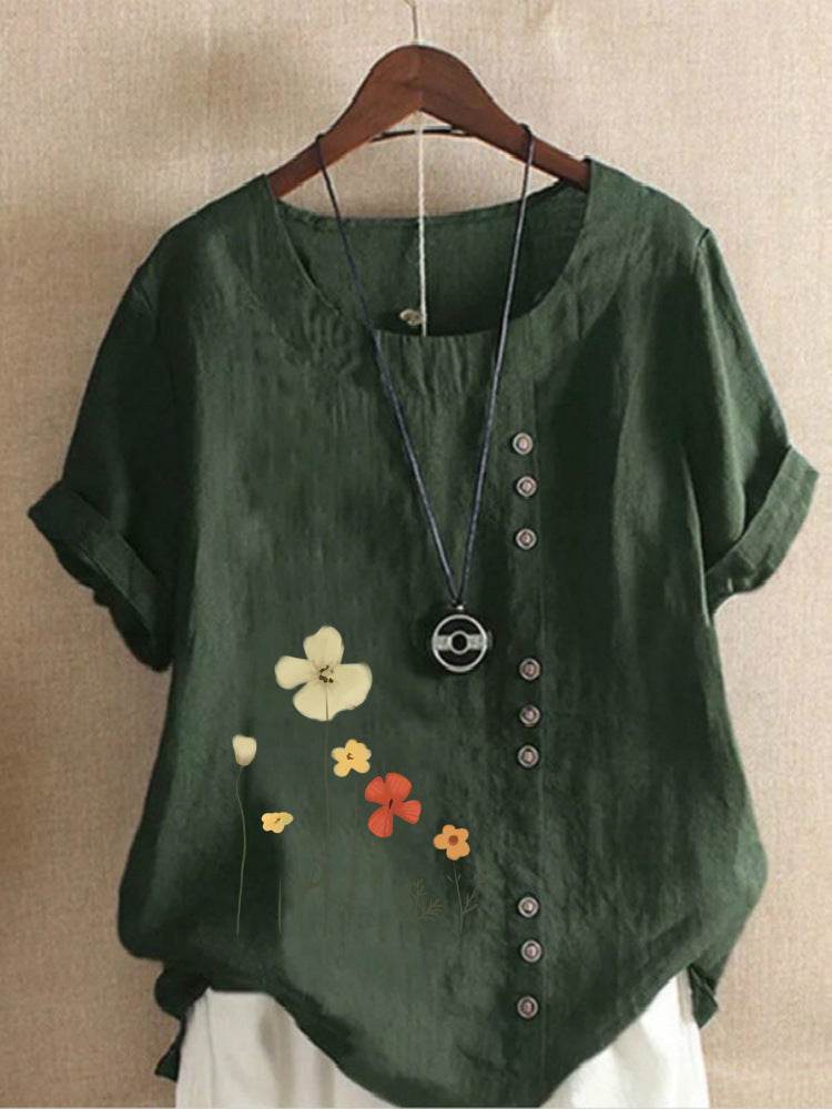 Women's Casual Printed Cotton Linen Short Sleeve Blouse Top