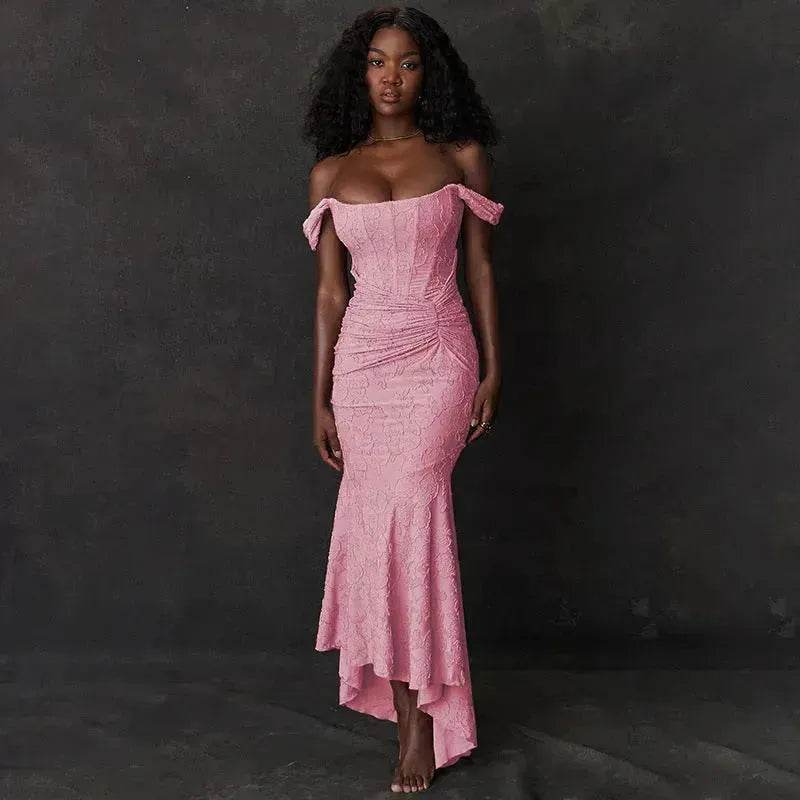 Fashion Off-neck Tube Top Stitching Hip Fishtail Dress for women.