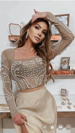 2-Piece Beaded Mesh Long-Sleeve Top and Midi Pencil Skirt Work Set