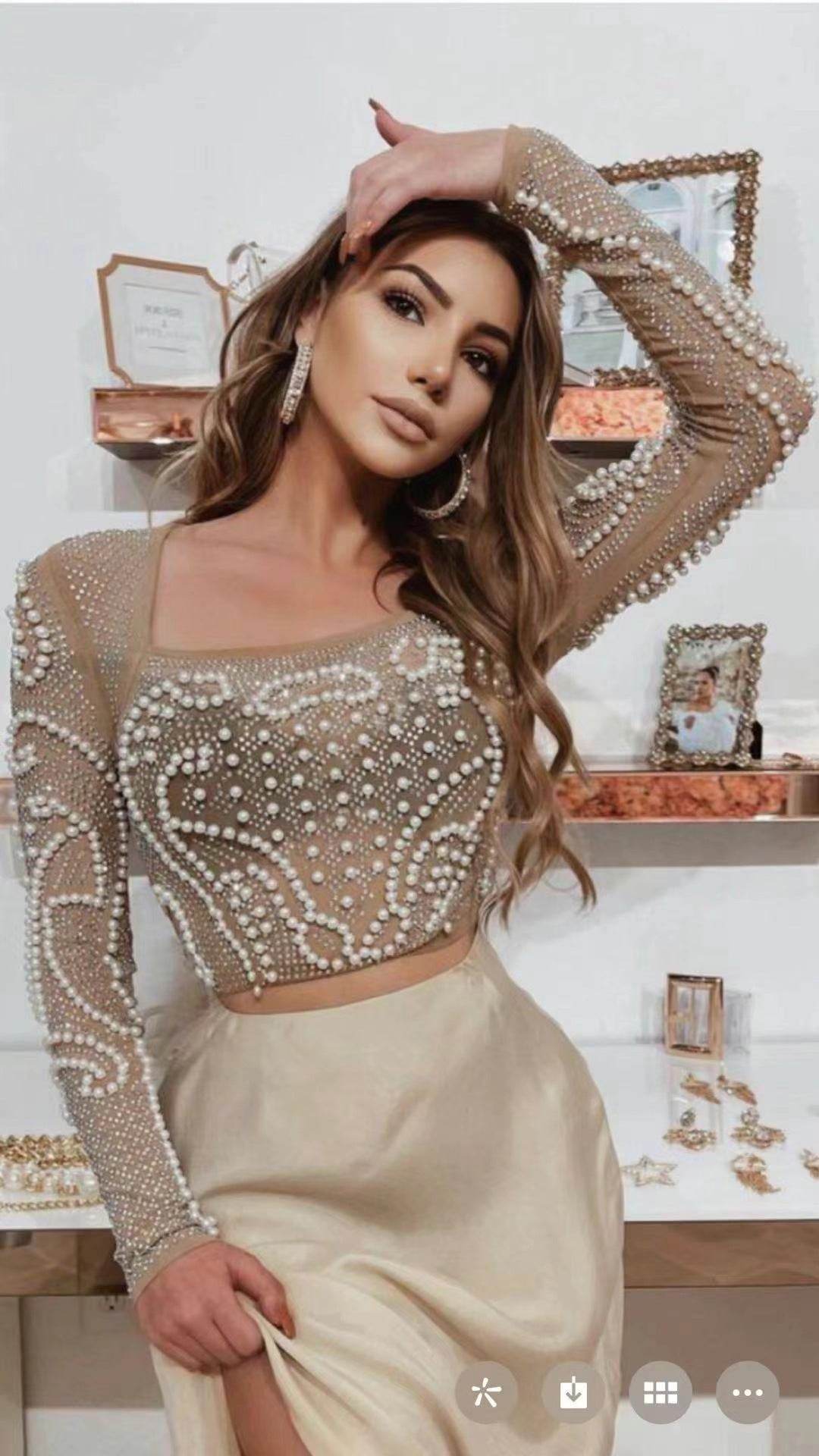 2-Piece Beaded Mesh Long-Sleeve Top and Midi Pencil Skirt Work Set