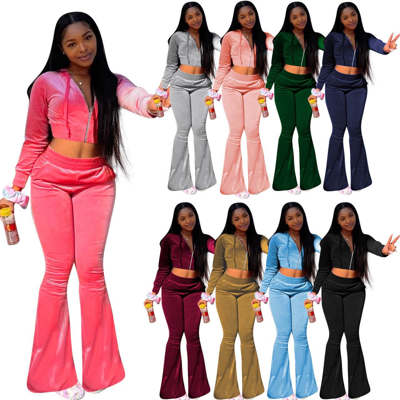 Women 2pcs Velvet Hoodie Wide leg Pant Crop top sweatsuit Athleisure Outfit
