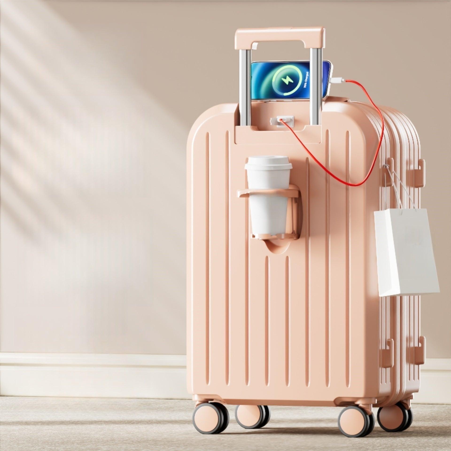 Multifunctional Smart Carry-On Suitcase with USB Port, Cup Holder & Spinner Wheels