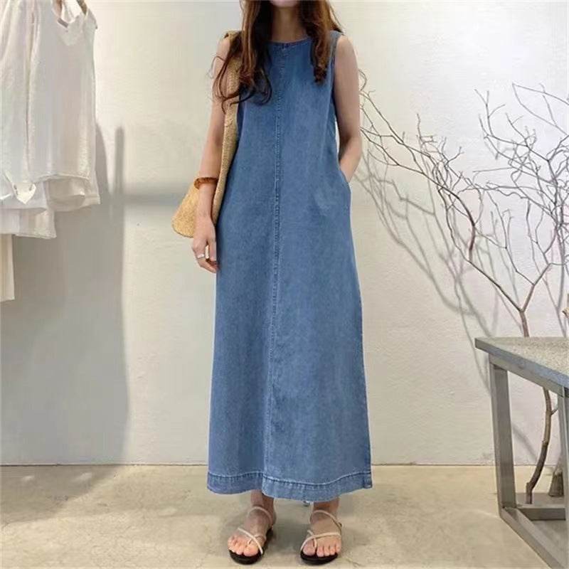 Women's Fashion Sleeveless Mum loose Long Denim Dress