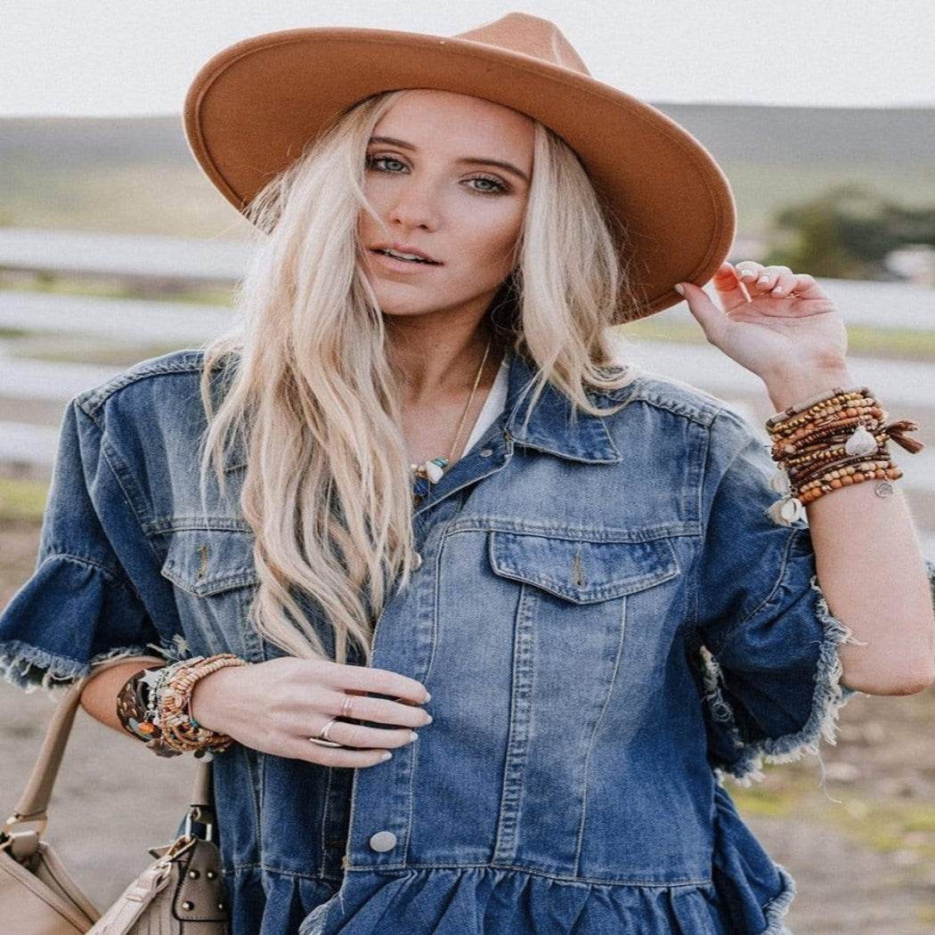 Loose Denim Jacket with Ruffled Sleeves Casual Cotton Style