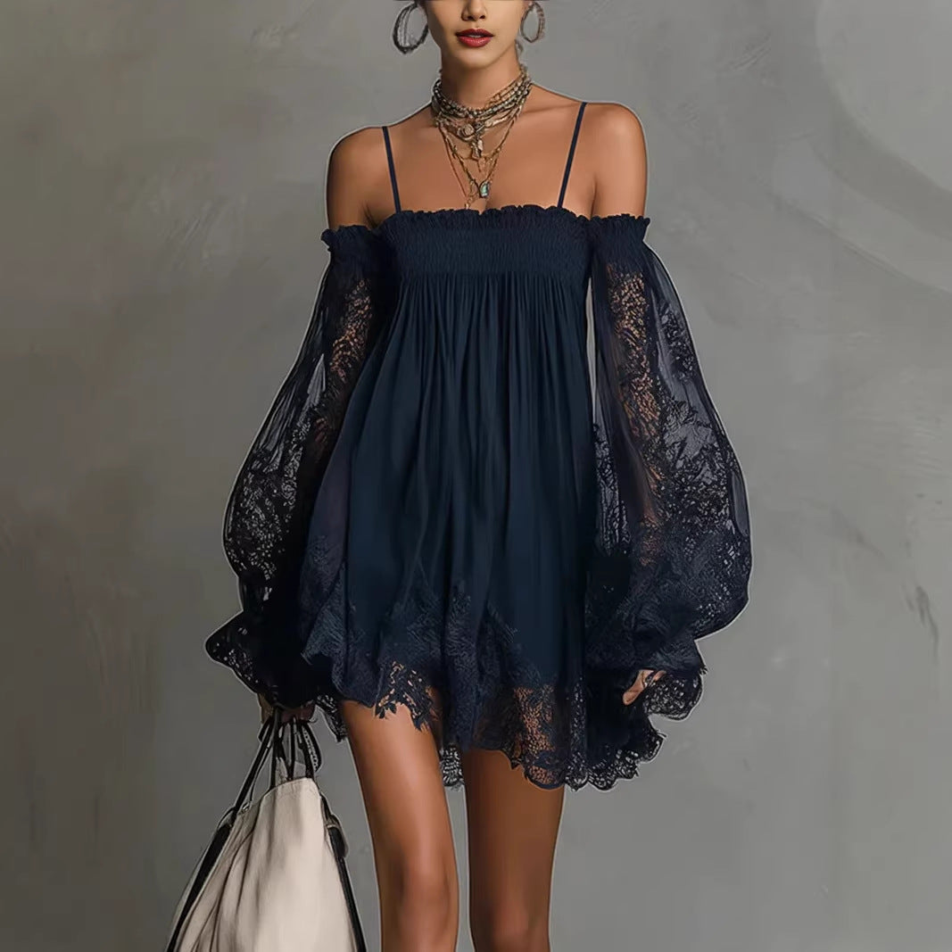 Long-Sleeve Lace Boat Neck Slip Dress – Solid Color Stretch Mini