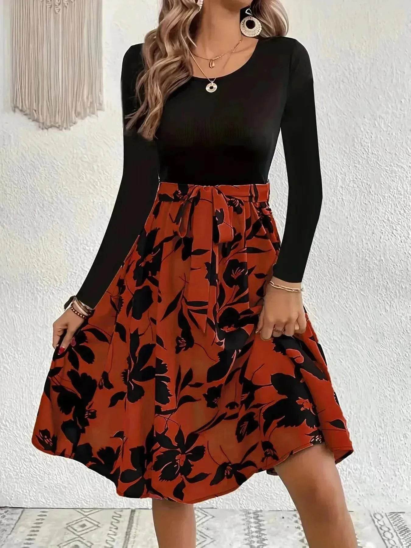 Floral Print Long Sleeve Skirt - Round Neck Flared Dress