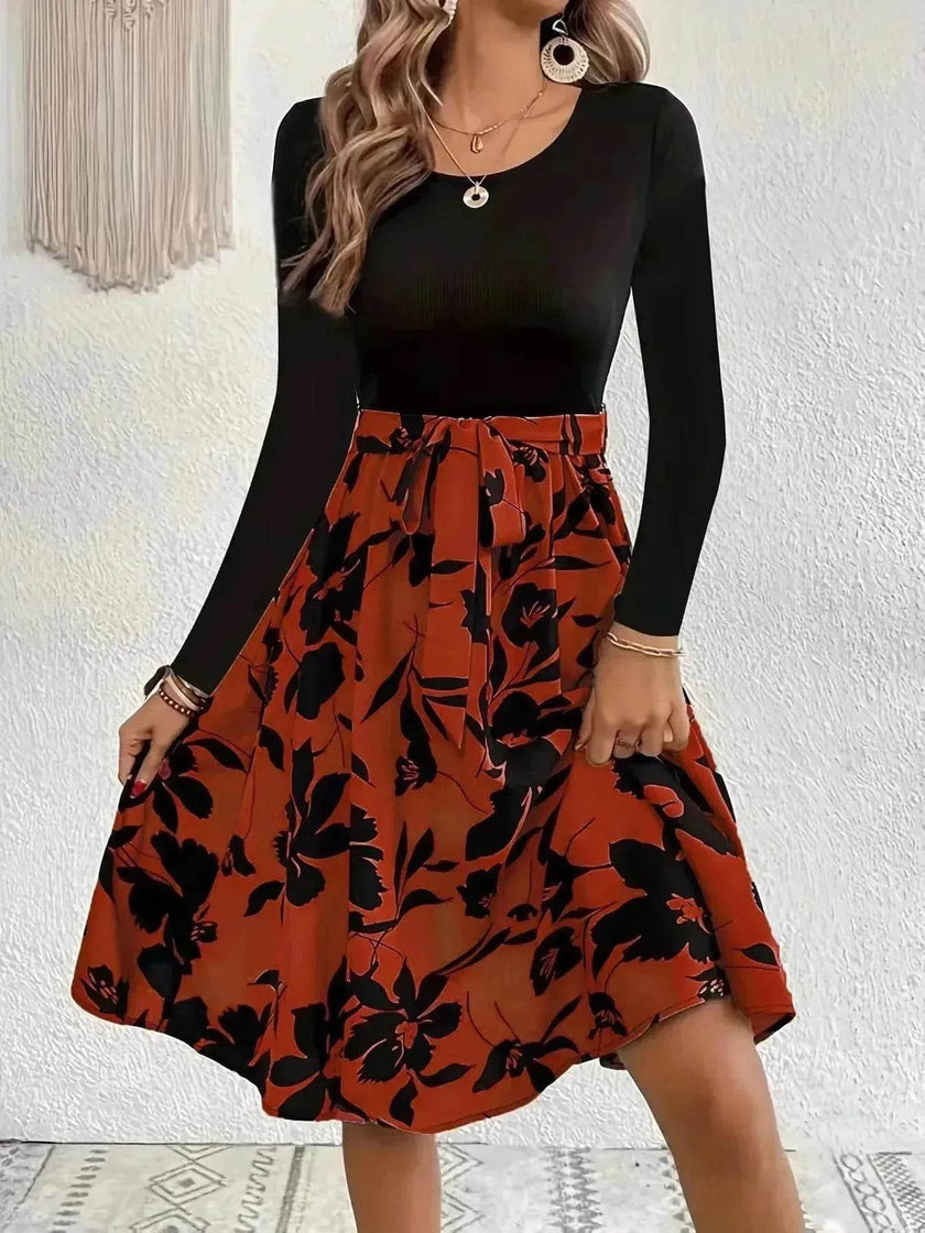 Floral Print Long Sleeve Skirt - Round Neck Flared Dress