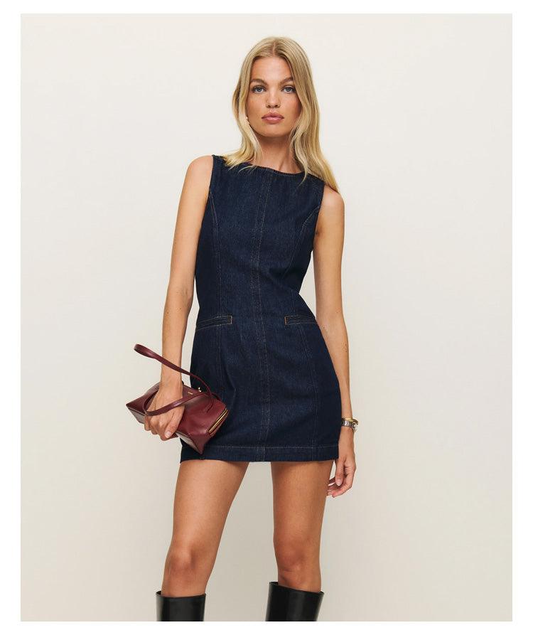French-Style Slim Fit Denim Midi Dress – Sleeveless Round Neck Cotton Denim Dress