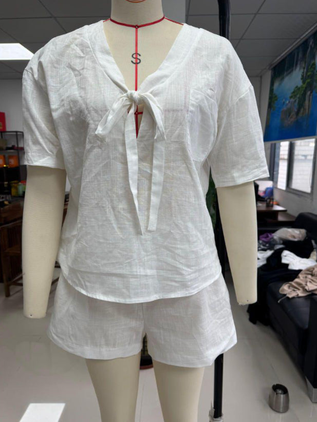 Women's Linen Tie-Front Shirt & Shorts Set – Casual Summer 2-Piece Outfit