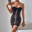 Strapless Corset Mini dress Leopard Lace mesh A-line Tube short dress for club and party