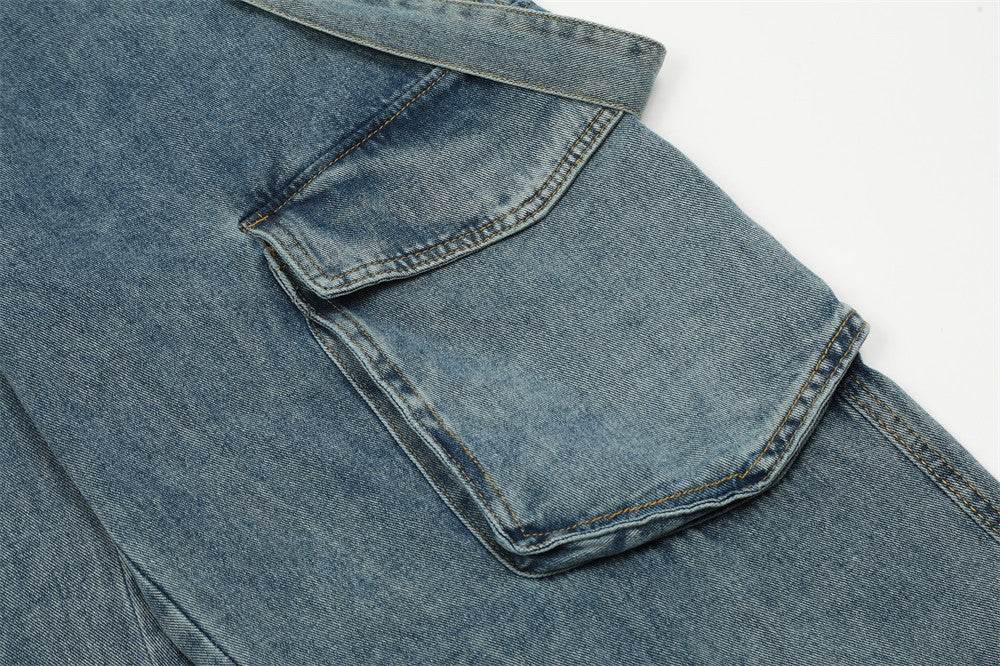Ribbon Design Multi-pocket Workwear Denim Trousers Men Jeans