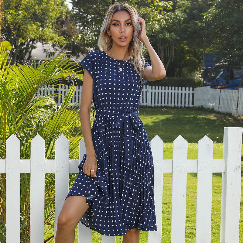 Summer Women Polka Dot Short Sleeve Dress Casual Pleated Midi Dresses Elegant Green Office Lady Clothing