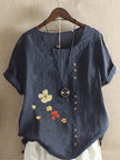Women's Casual Printed Cotton Linen Short Sleeve Blouse Top