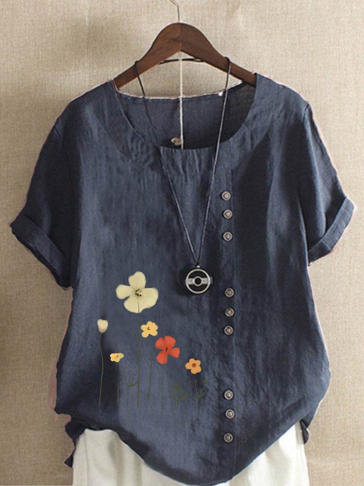 Women's Casual Printed Cotton Linen Short Sleeve Blouse Top