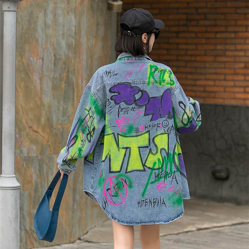 Oversized Graffiti Print Denim Jacket Women Loose Fried Street fashion